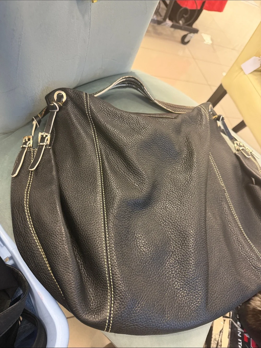 Maxx New York Black Pebbled Leather Hobo with Contrast Stitching